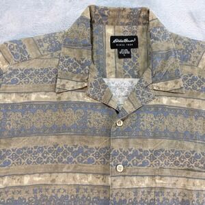 Eddie Bauer Mens Linen Blend Button Up Aloha Hawaiian Shirt Short Sleeve Size L